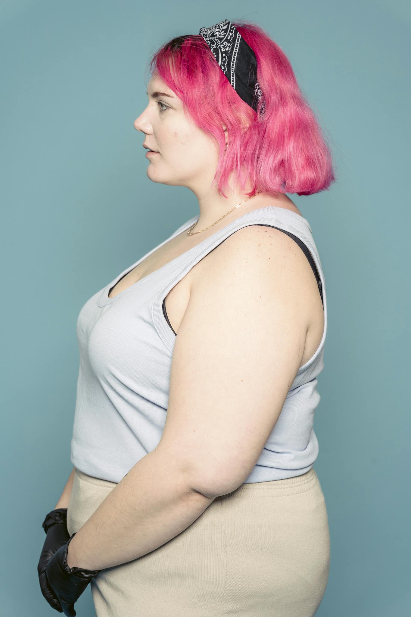 Plus size stylist with pink hair