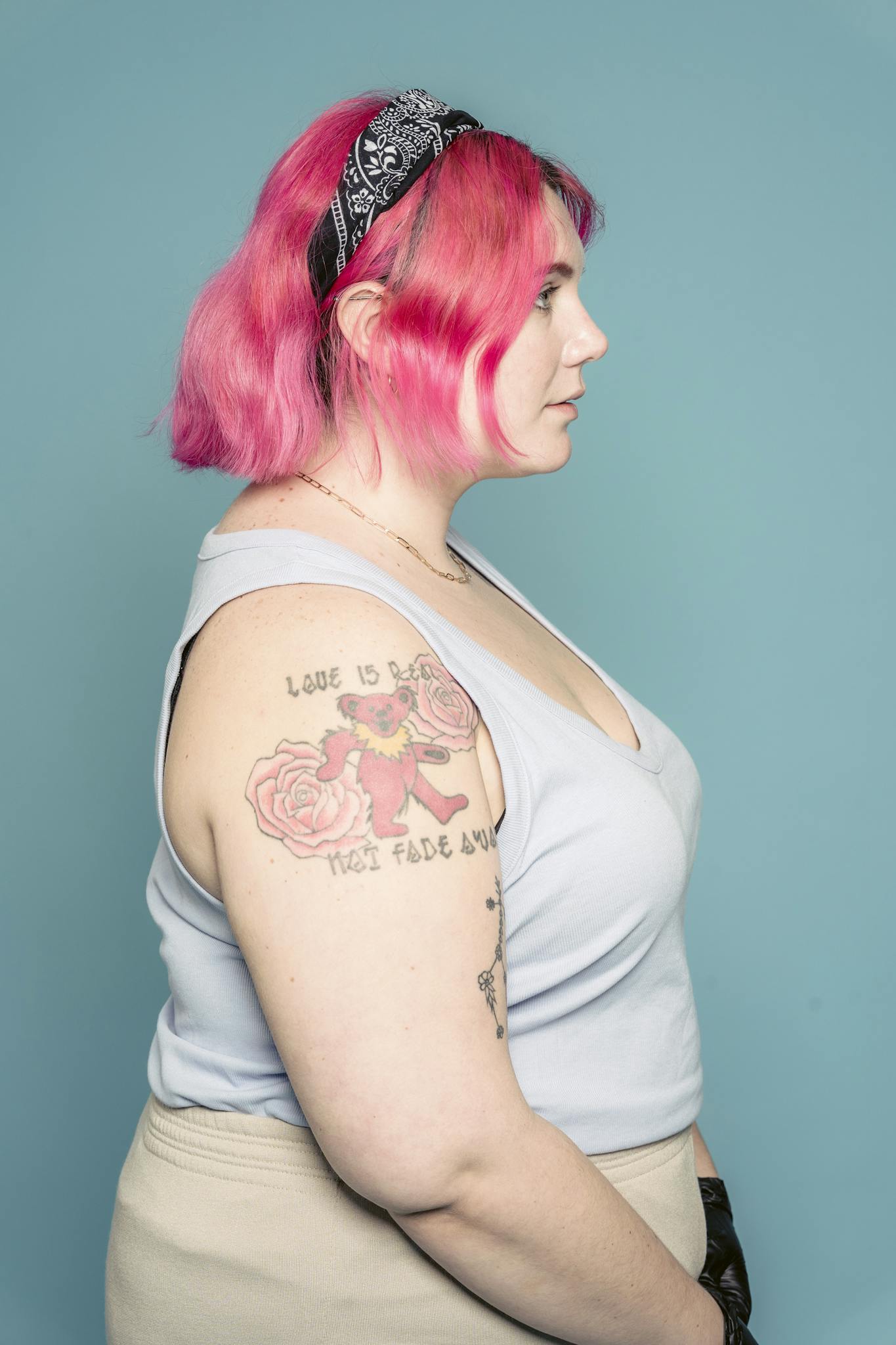 Plus size woman with pink hair